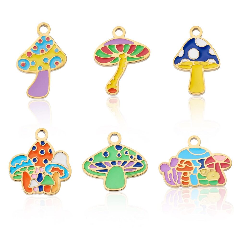 5111 Beadthoven 6Pcs Colorful Enamel Mushroom Charms Golden 304 Stainless